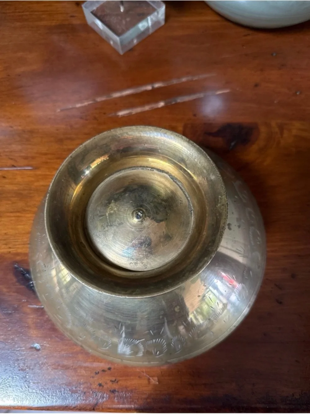 Vintage Etched Brass Pedestal Bowl - Warm Brass Tone